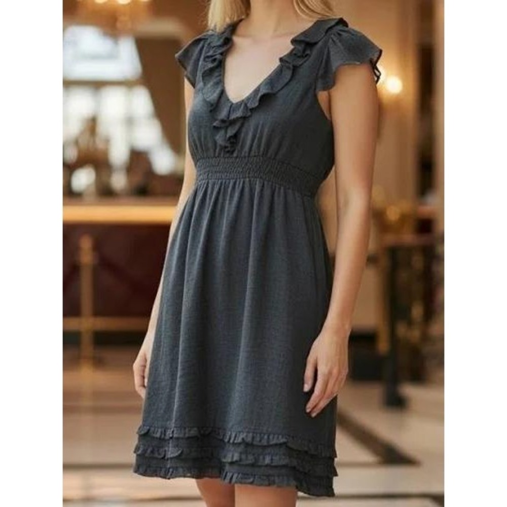 Anthropologie Meave Black Wool Blend‎ Lined V Neck Flutter Sleeve Dress Small